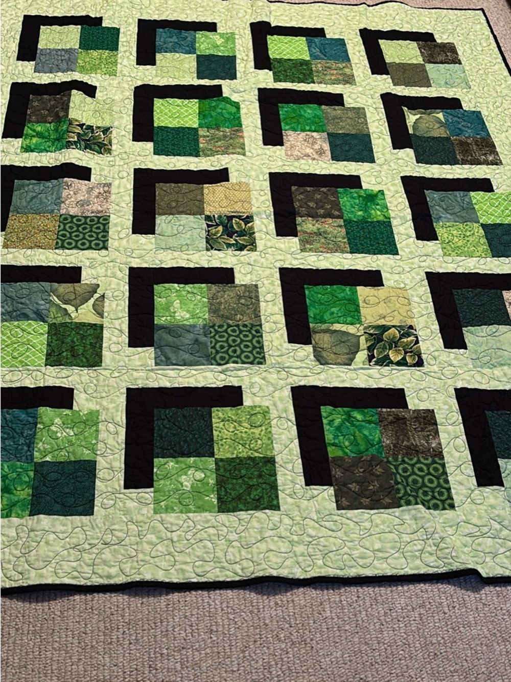 Green Patchwork Quilt with Black Accents - Handmade Bedding